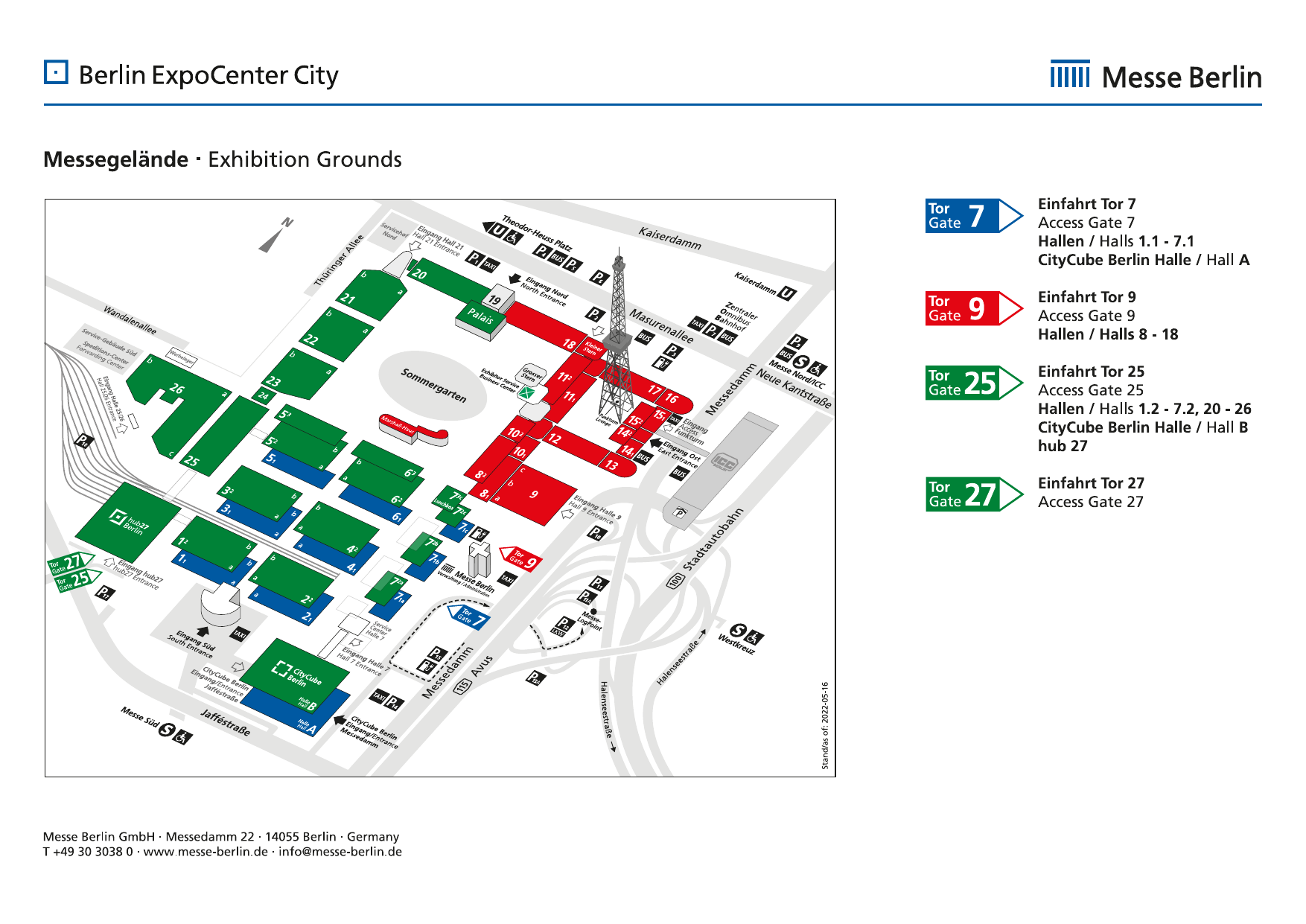 Messe Berlin site map showing Berlin ExpoCenter City halls, gates, CityCube, hub27, parking, taxis, and public transport