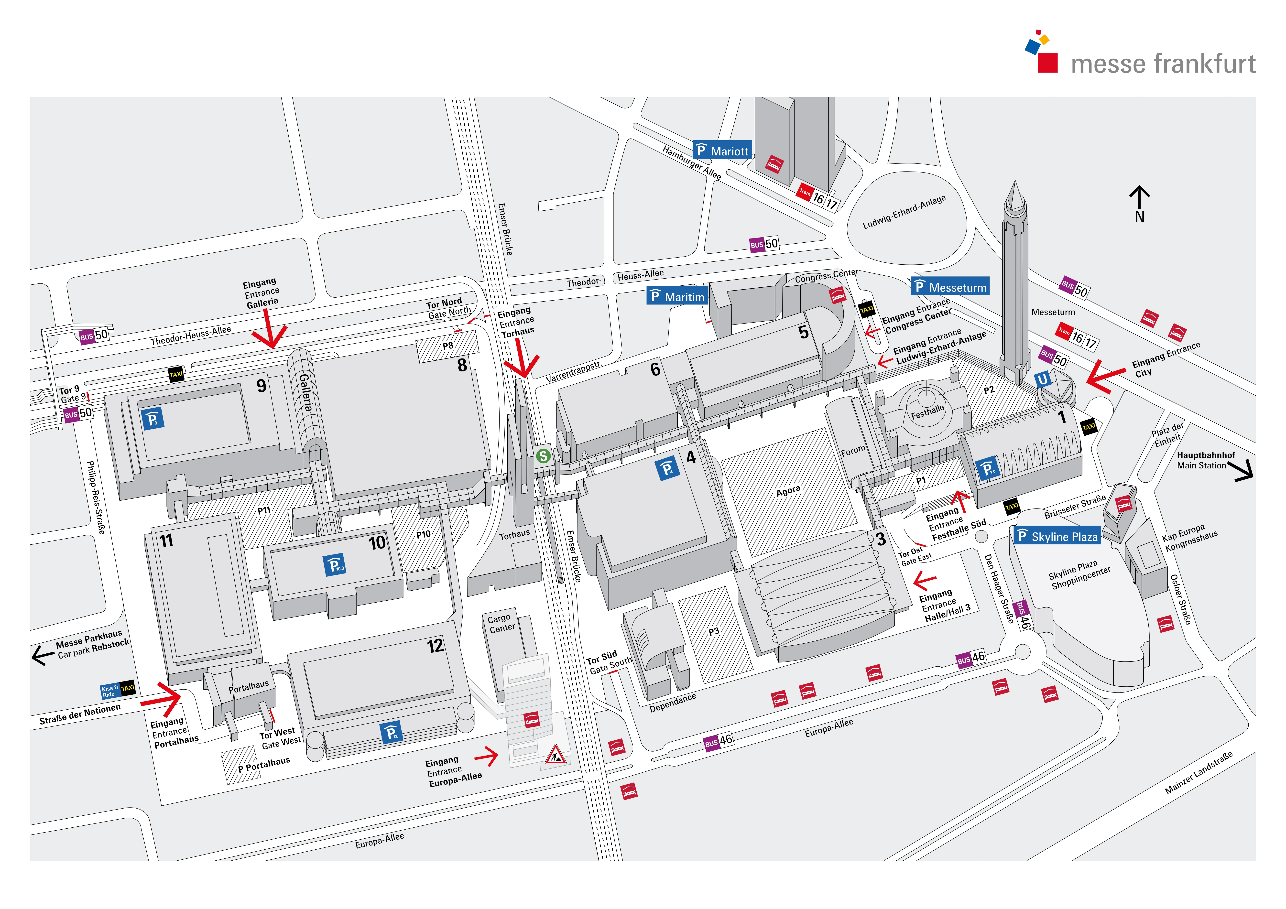 Messe Frankfurt site map showing halls, entrances, transit stops, parking, taxis, and nearby landmarks